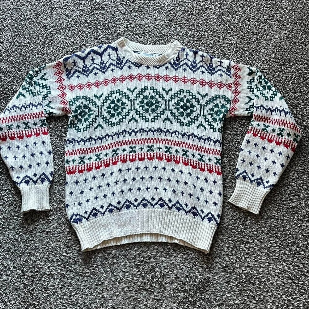 Fenwick Isle Red White Blue Fair Isle Sweater Men M Geometric Aztec Made in USA